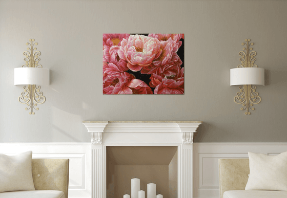 Red peonies on dark background