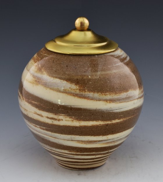 Neriage ceramic vessel colored porcelain with brass and cork seal. N13