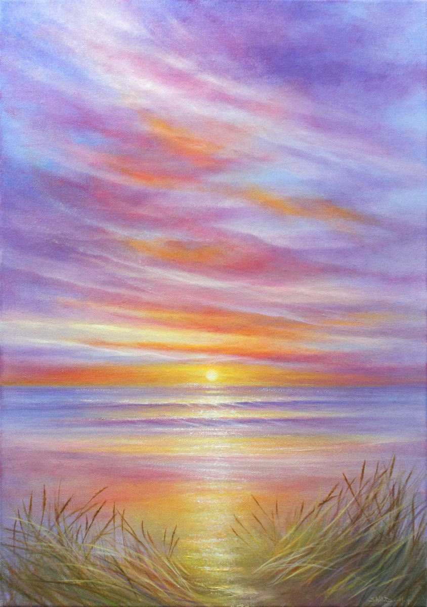 Impressionistic Landscape Oil Painting By Stella Dunkley, 17 X 23", Summer Sunset, Original Artwork