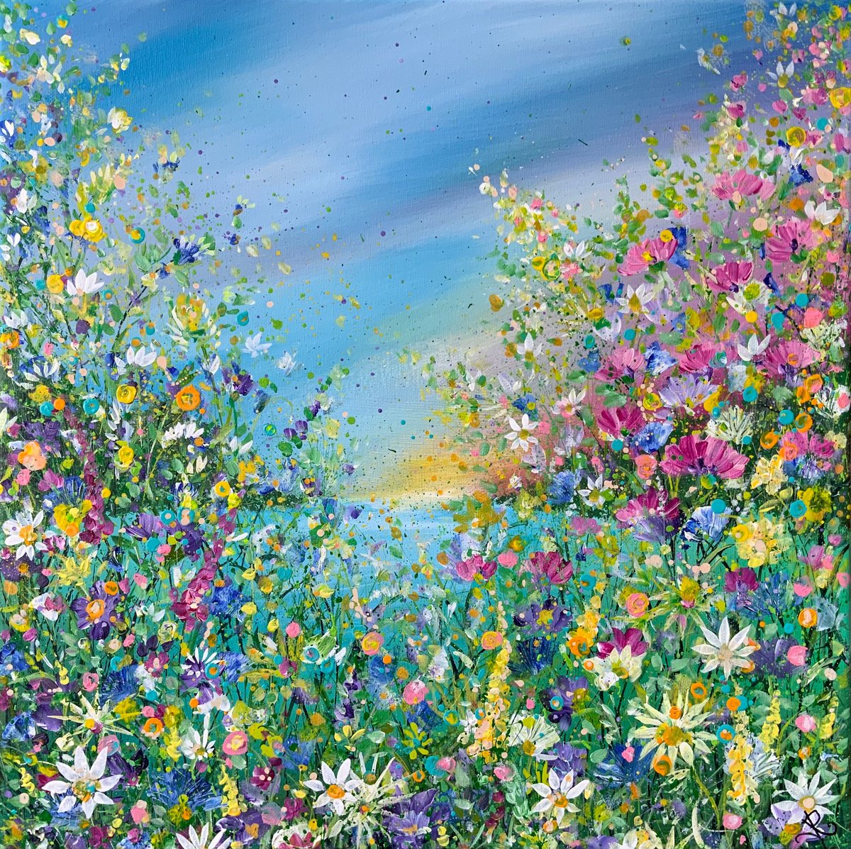 Expressive Botanical Acrylic Painting By Jan Rogers, 20 X 20, Turquoise Sea And Wild Flowers, Original Artwork