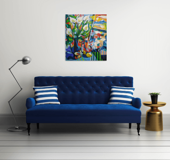 Still life with callas(80x90cm, cubism, oil painting, ready to hang)