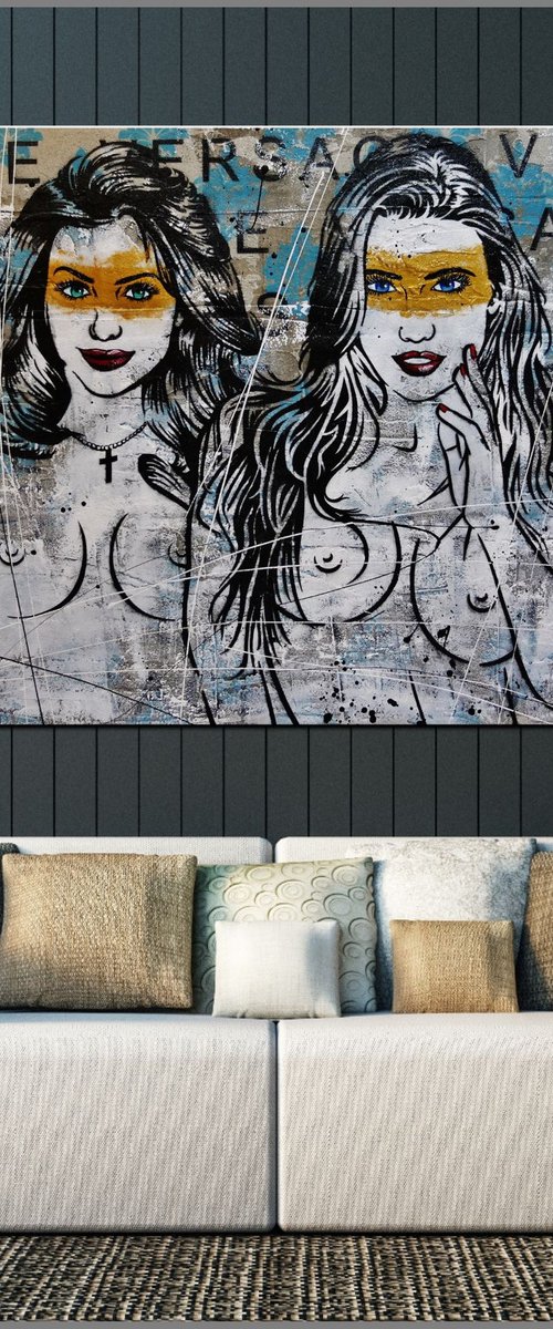 Parading - Girls Light Up 190cm x 100cm Huge Industrial Texture Urban Pop Art by Franko