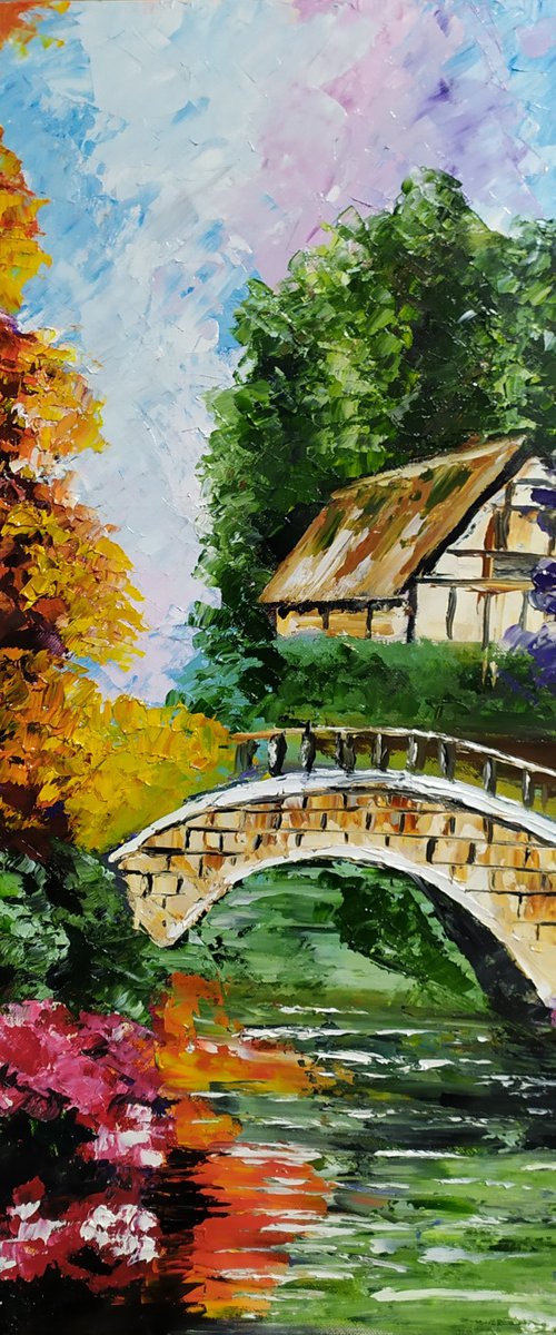 Autumn tale, original landscape bridge tree oil painting, Gift, art for home by Nataliia Plakhotnyk