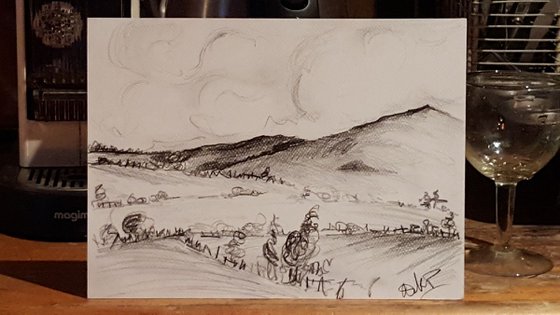 Rolling fields and distant mountain