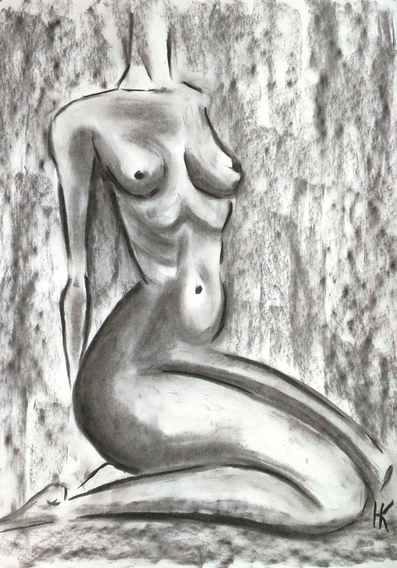 Woman Nude black white charcoal art