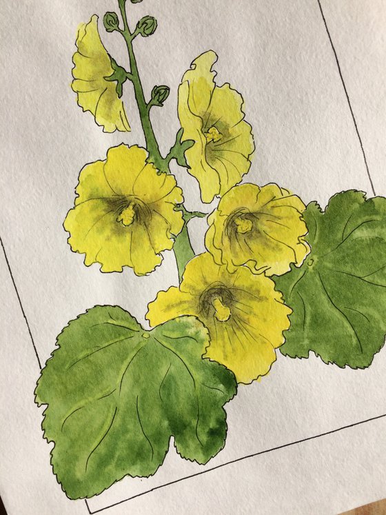 Flowers original watercolor - Yellow mallow illustration - Floral mixed media drawing - Gift idea