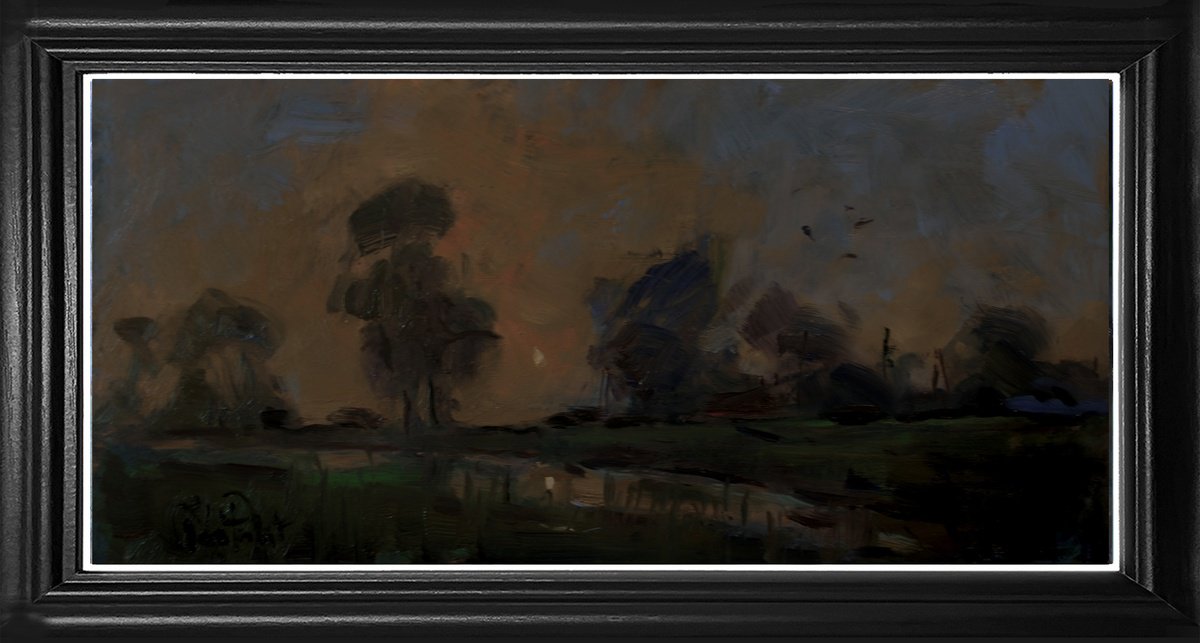 Impressionistic Landscape Oil Painting By Andre Pallat, 29 X 17, Sunset With Birds, Original Artwork