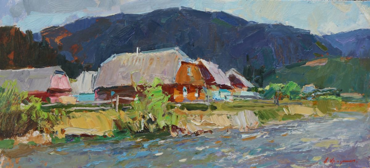 Impressionistic Landscape Oil Painting By Aleksandr Kryushyn, 23 X 10, On The Coast Of The River, Original Artwork