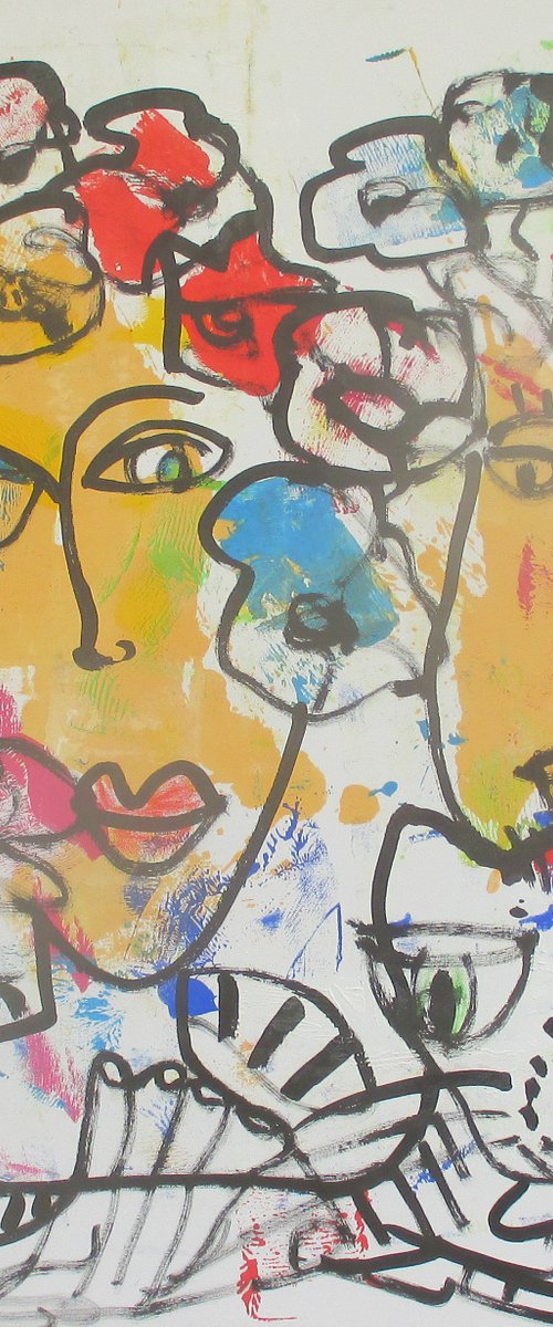 expressive flowergirls with cat, girl portrait 39,3 x 31,4 inch by Sonja Zeltner-Müller