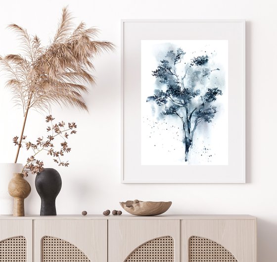 Pine trees in blue diptych Original watercolor painting