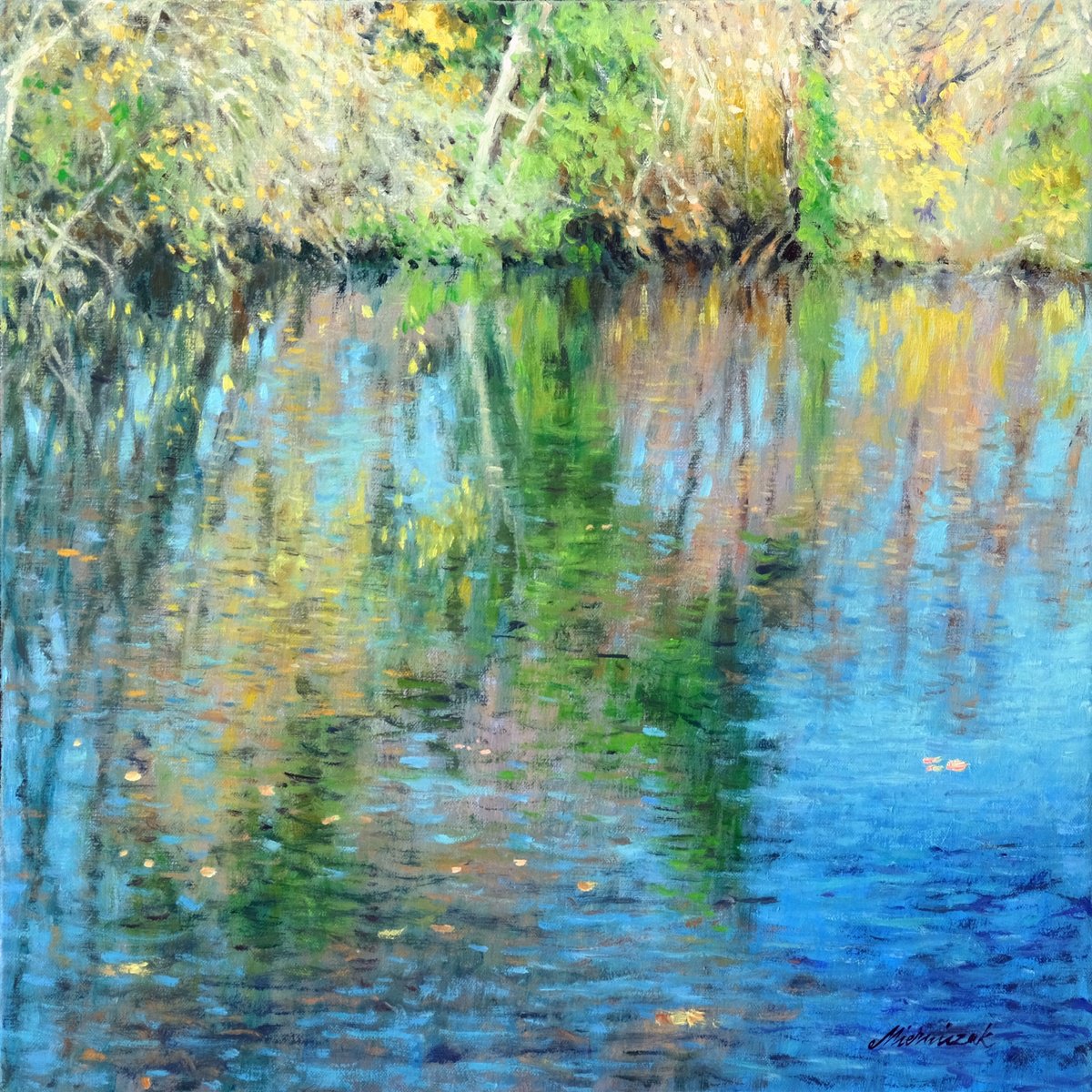 Impressionistic Landscape Oil Painting By Richard Mierniczak, 20 X 20", Pond Shore, Original Artwork