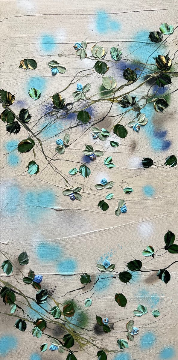 Impressionistic Botanical Acrylic Painting By Anastassia Skopp, 20 X 39, Bohemian Roses, Original Artwork