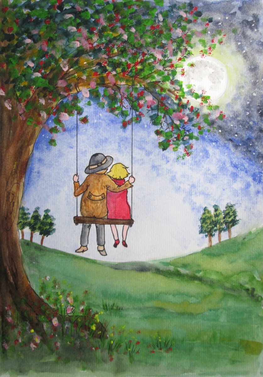 Expressive Portrait Painting By Marjansart, 8 X 12", Love Moon And Nature, Original Artwork