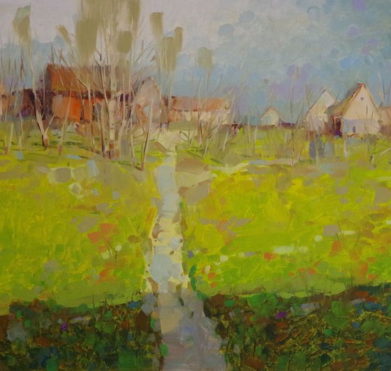 Through the Village, Landscape oil painting, One of a kind, Signed, Handmade artwork