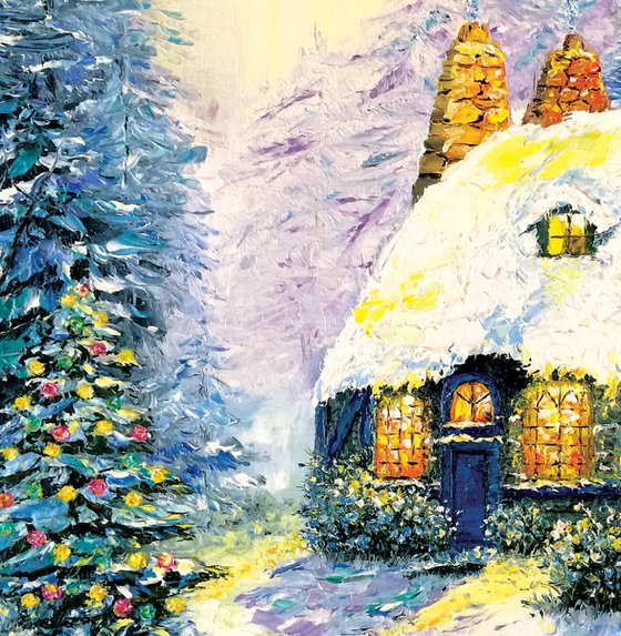 WINTER FAIRY TALE - House woods. Magic. Chimney. Spruce. Track. Light from window. Christmas. New Year.