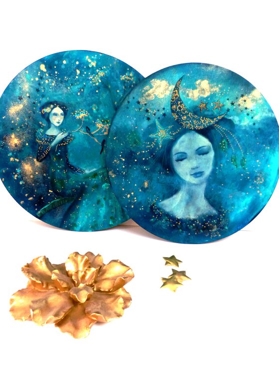 In her wildest dreams, she saw herself as a moon woman. 30 cm diameter on wood.