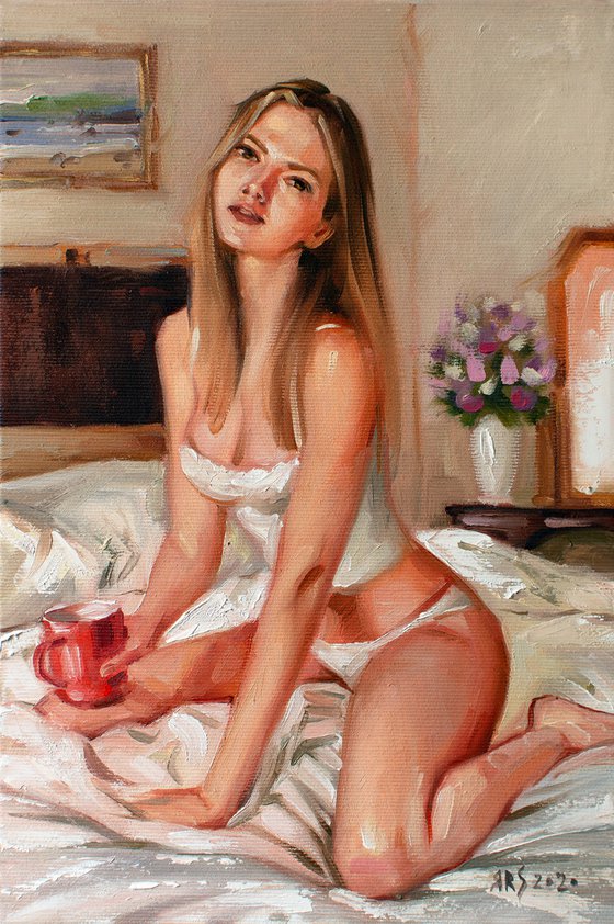 More Coffee Please! by Yaroslav Sobol  (Modern Impressionistic Romantic Beautiful Girl Oil painting Gift)