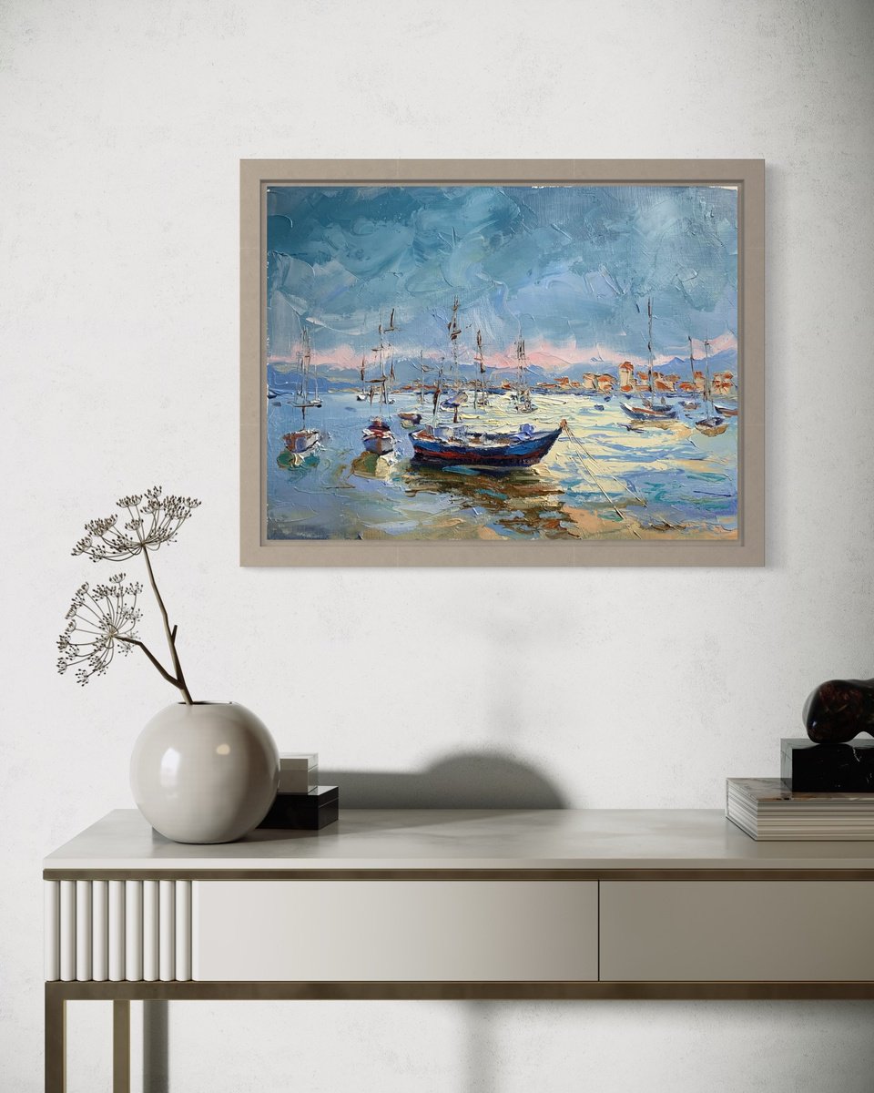 Impressionistic Landscape Oil Painting By Vita Schagen, 16 X 12", Harbor In Morning Mist., Original Artwork