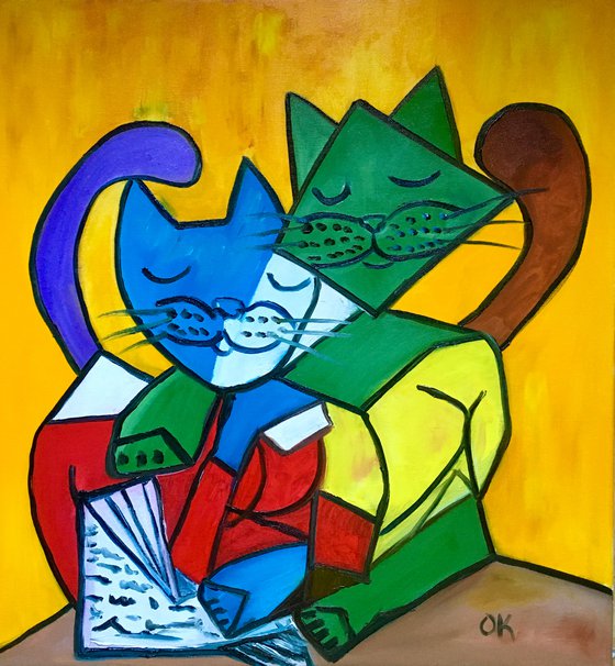Cat version of “Two girls reading” by Pablo Picasso. Painting  for cat lovers.