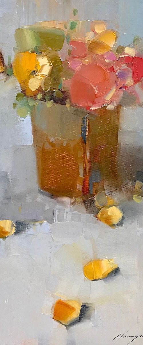 Vase of Flowers, Oil painting by Palette Knife, One of a kind, Handmade artwork by Vahe Yeremyan