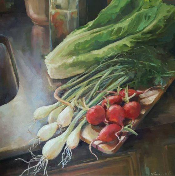 Still life with vegetables and greens