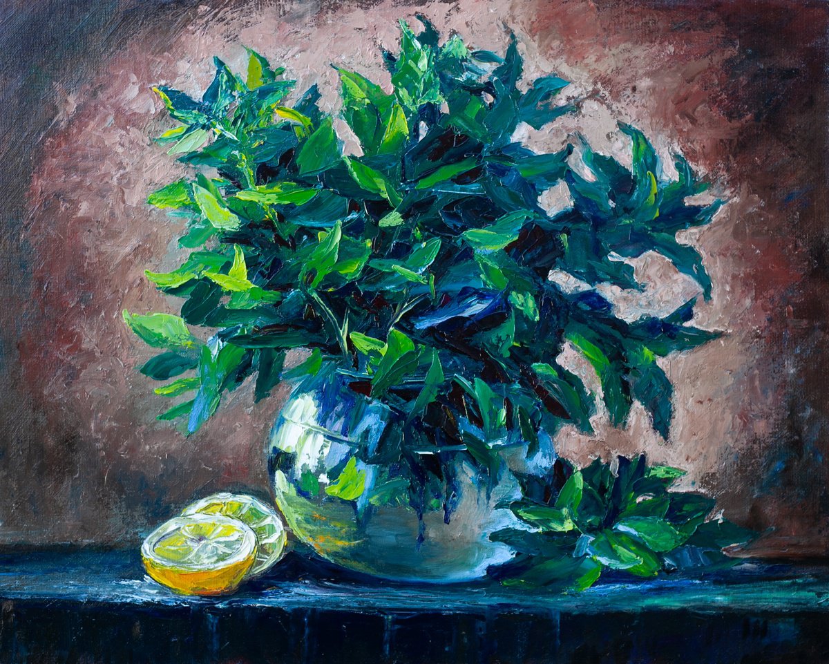 Impressionistic Still Life Oil Painting By Liudmila Pisliakova, 20 X 16", Mint And Lemon, Original Artwork
