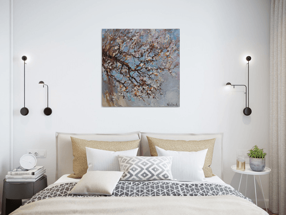 Flowering apricot tree Original oil painting