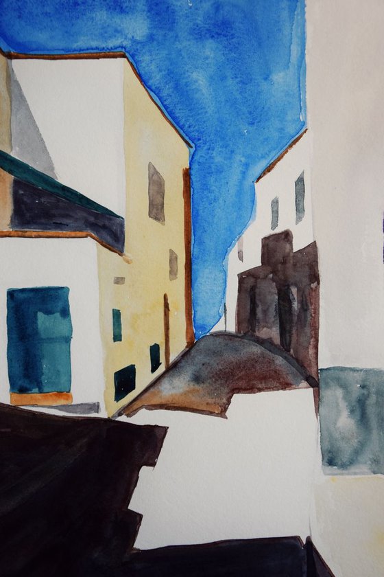 Original watercolor painting Summer sea town in Italy, Marettimo Island