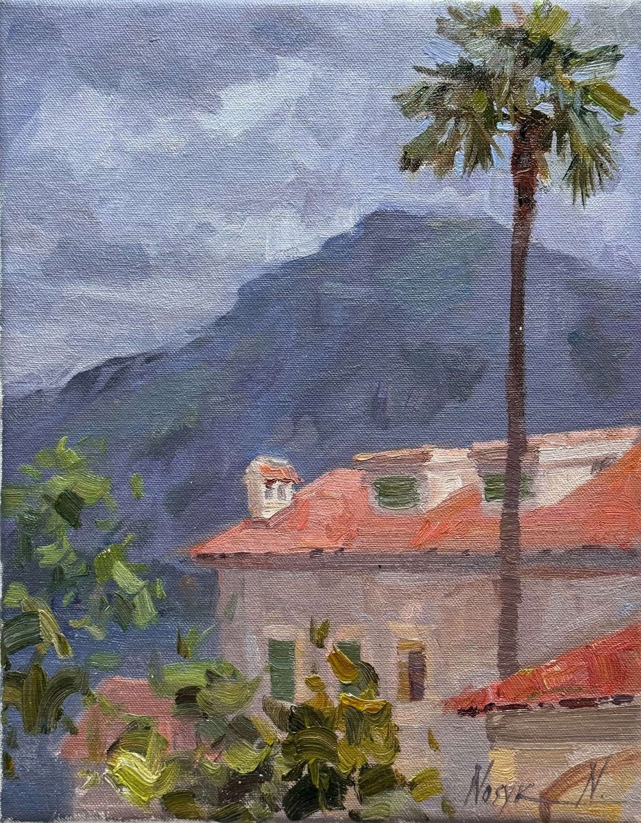 Impressionistic Cityscapes Oil Painting By Nataliia Nosyk, 11 X 14", Palm And Red Roofs, Original Artwork