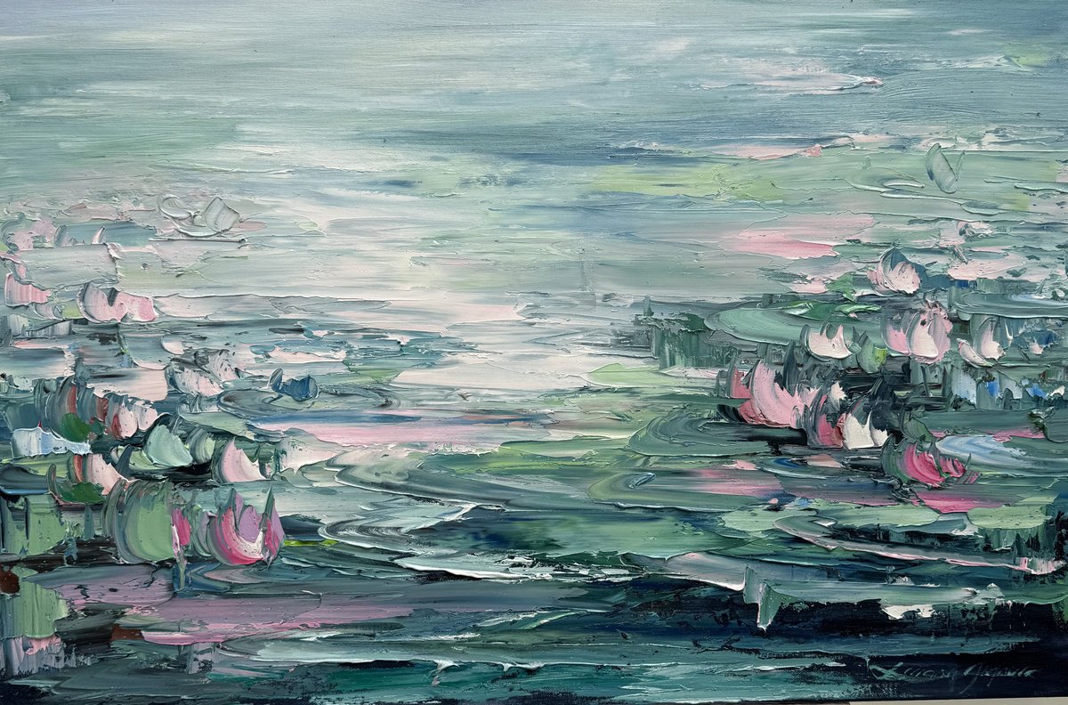 Impressionistic Botanical Oil Painting By Liliana Gigovic, 36 X 24", Water Lilies No 185, Original Artwork