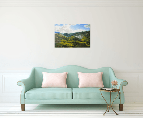 Radiant painting of a beautiful skies and mountains