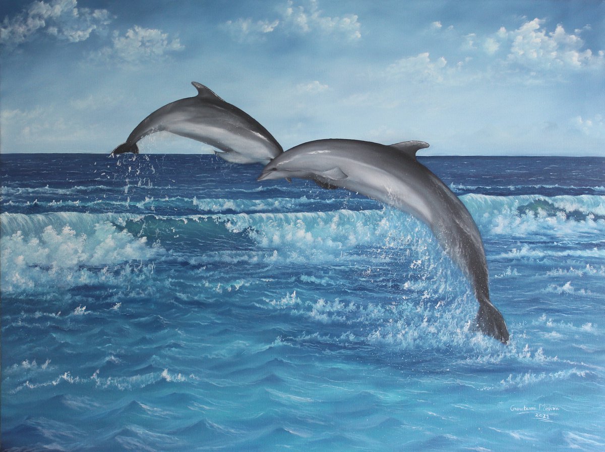 Sea waves and dolphin by Goutami Mishra