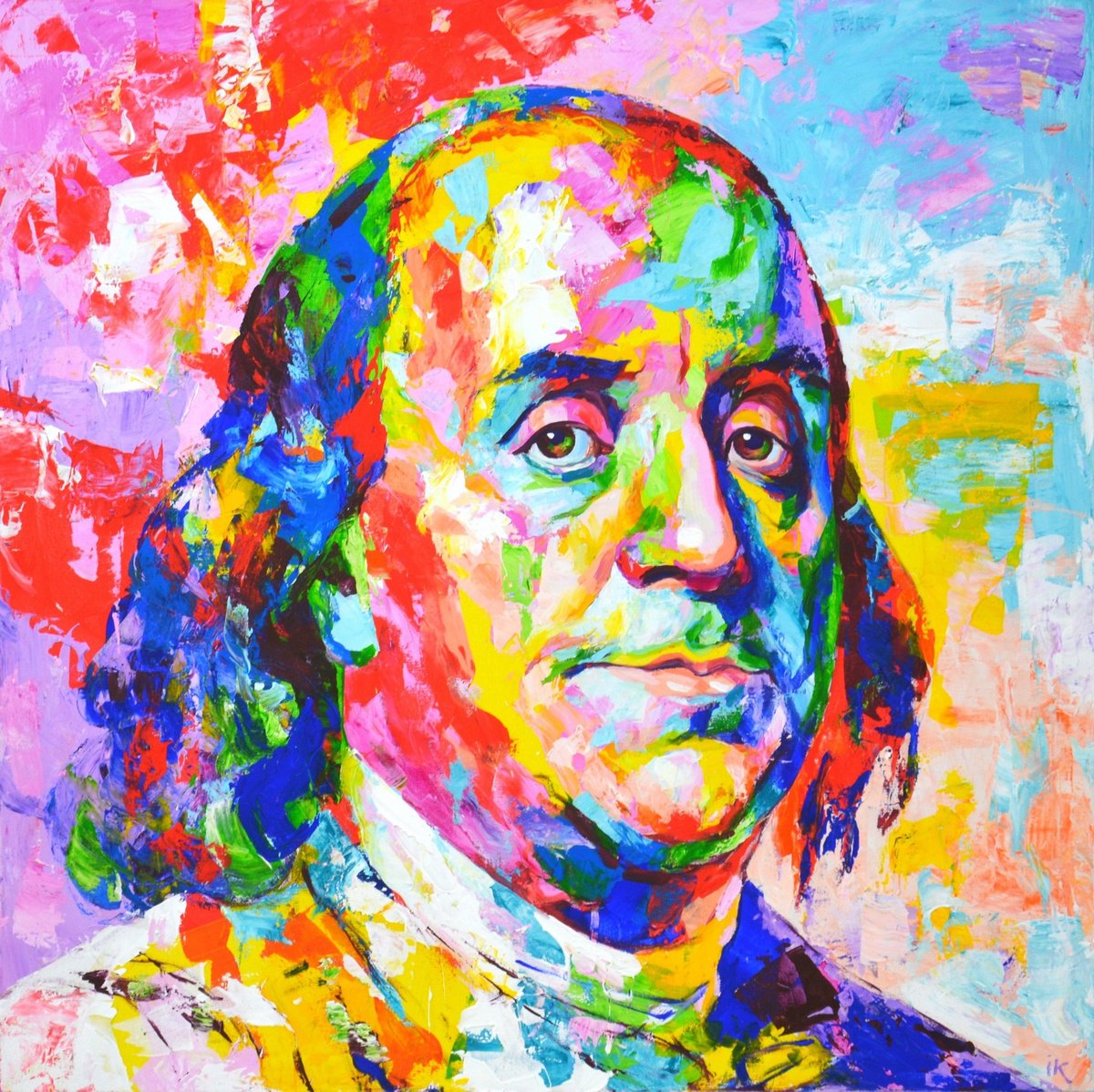 Expressive Portrait Acrylic Painting By Iryna Kastsova, 39 X 39, Benjamin Franklin, Original Artwork