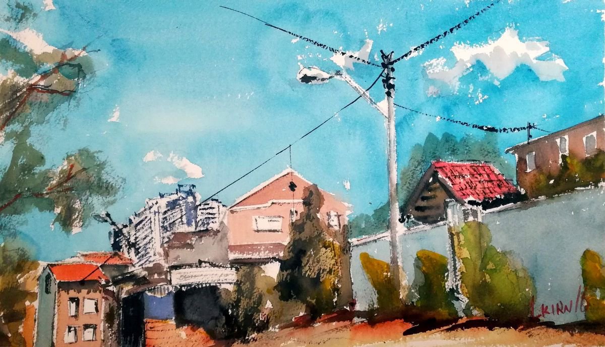 Impressionistic Cityscapes Watercolour By Leonid Kirnus, 17 X 10", Street View. Warm Day, Original Artwork