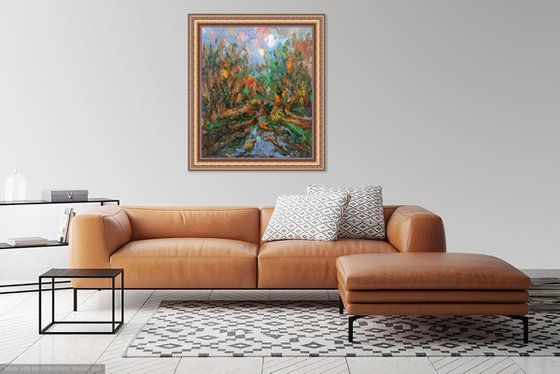 AUTUMN IN MOSCOW - landscape art, original painting oil on canvas, waterscape, pond fall, home decor