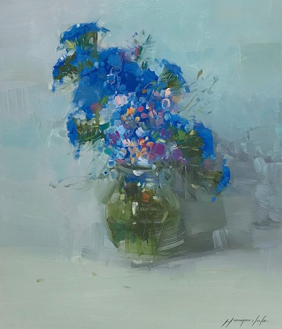 Vase of Blue Flowers, Oil painting, One of a kind, Handmade artwork