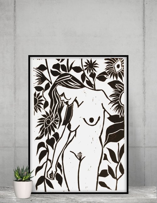 Standing Nude Amongst Sunflowers Expressionist Lino Cut Hand Pulled Print by Andrew Orton