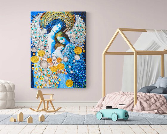 Guardian angel - Large format wall art with mom and baby. HUGE Love wall decor. Blue silver golden decorative artwork. Bright futuristic fantasy esoteric surreal mystery harmonious meditation relaxation aura art