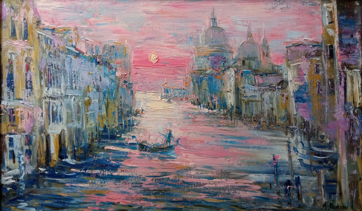Expressive Landscape Oil Painting By Altin Furxhi, 30 X 20, Venice Sunrise., Original Artwork