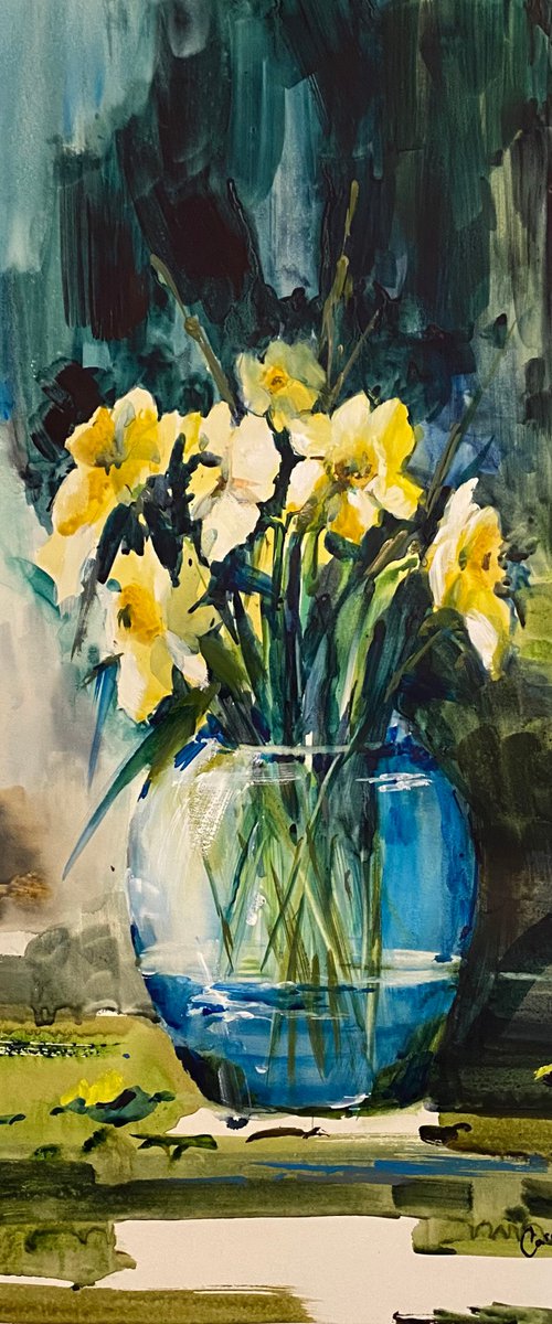 Watercolor “Still life with daffodils” perfect gift by Iulia Carchelan