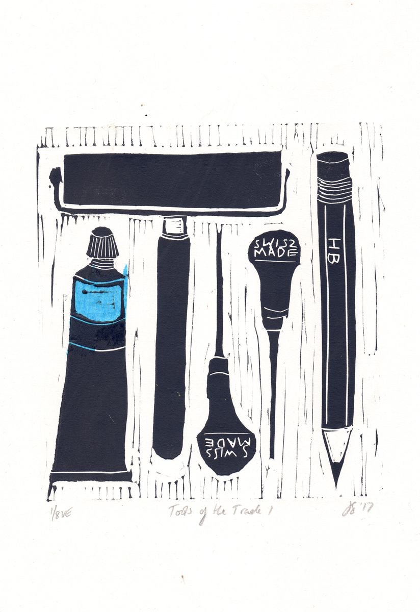 Tools of the Trade I - mounted, linocut print by Design Smith