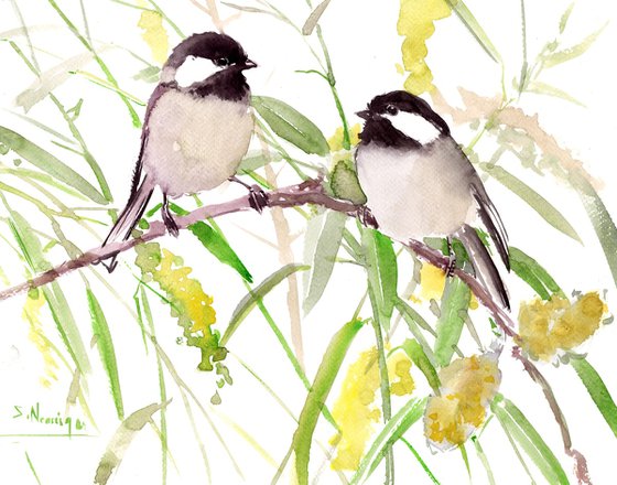 Chickadees and Willow Tree