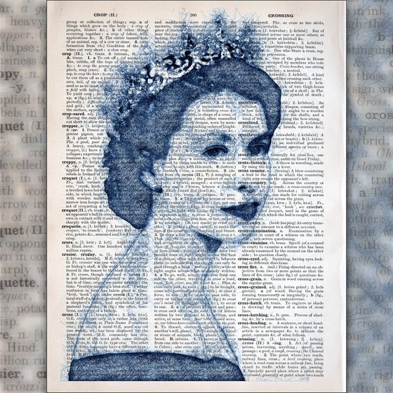 Queen Elizabeth II - Collage Art on Large Real English Dictionary Vintage Book Page