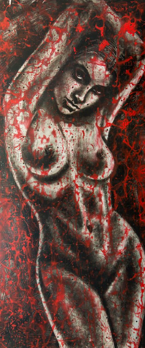 "Lady in red"Original mixedmedia painting on aluminium panel 55x107,5x0,4cm by Elena Kraft