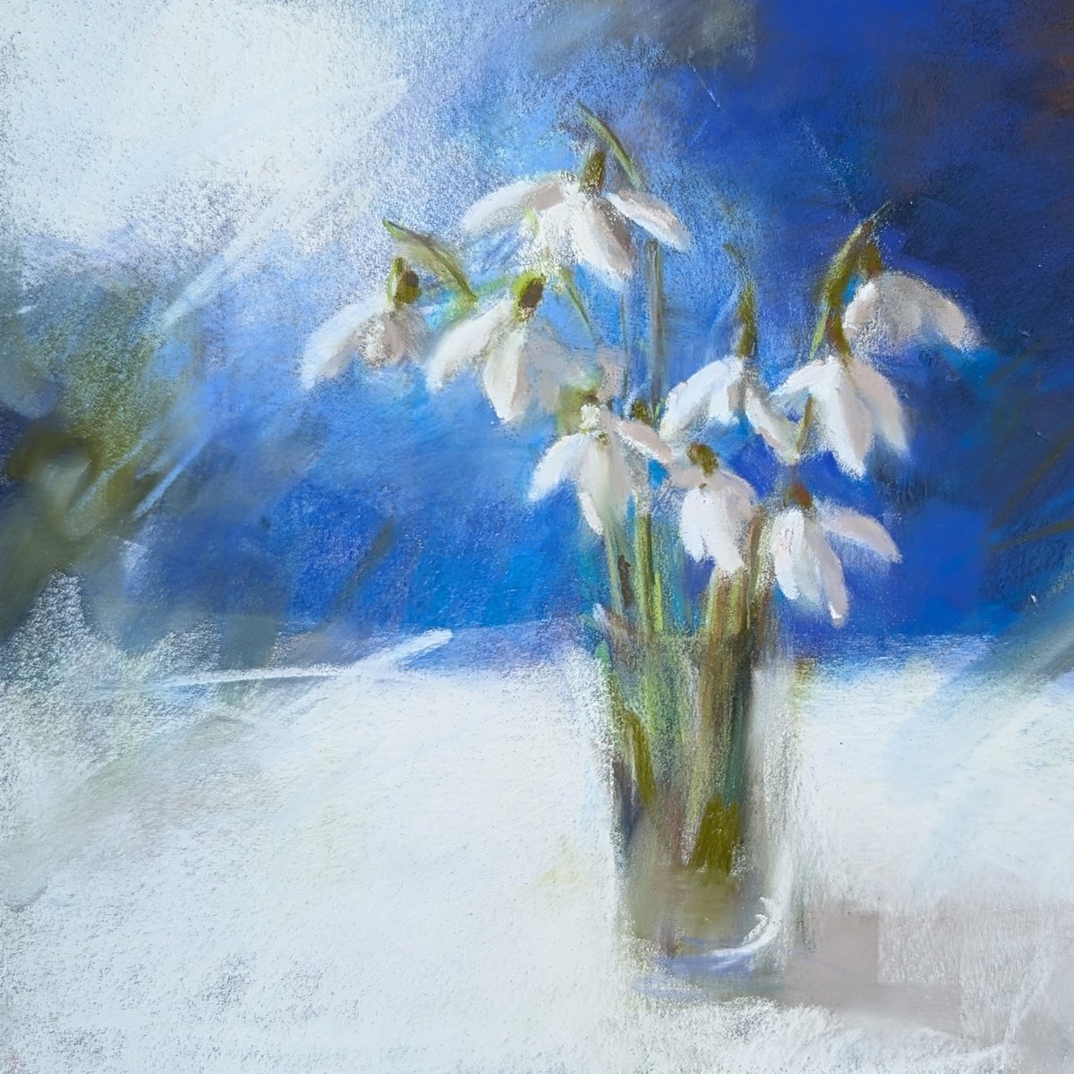Impressionistic Botanical Pastel Drawing By Silja Salmistu, 8 X 8", Snowdrops, Original Artwork