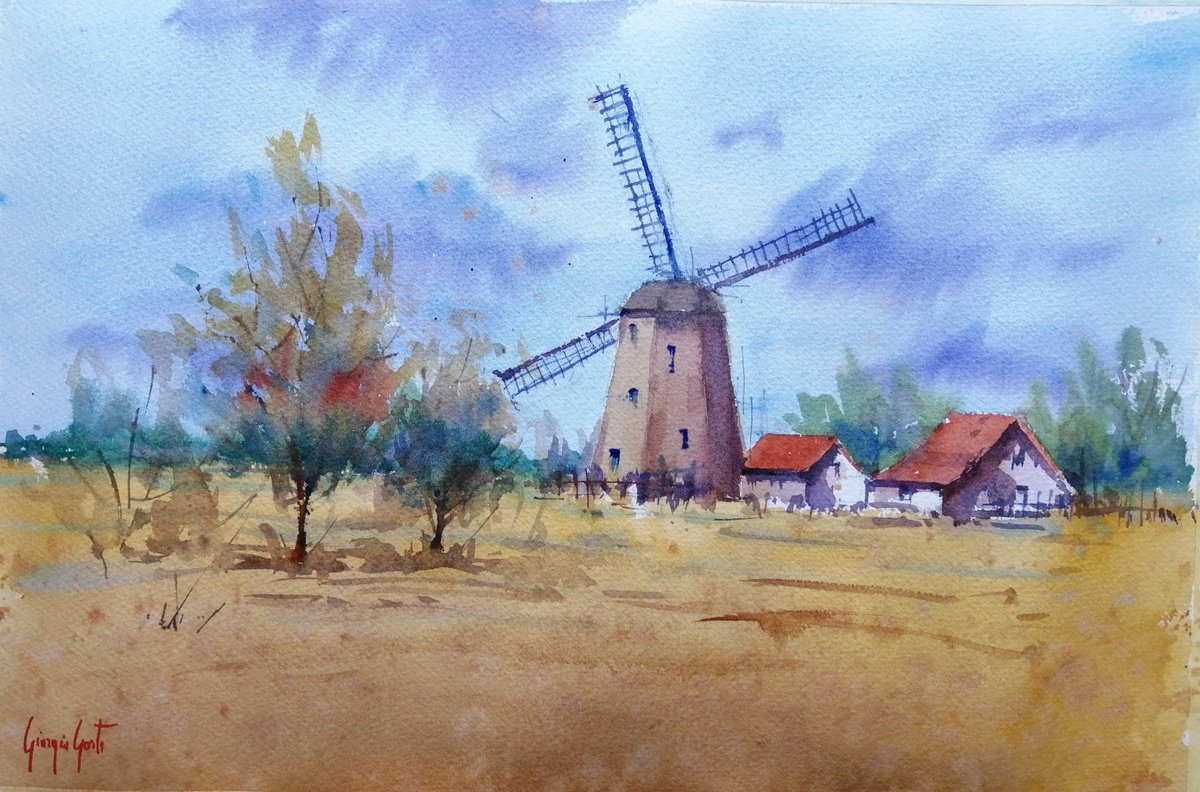 Impressionistic Watercolour , Windmill 13 By Giorgio Gosti, 21 X 14, Artwork For Sale On Artfinder