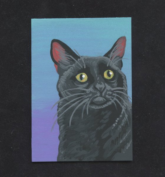 ACEO ATC Original Miniature Painting Black Pet Cat Art-Carla Smale