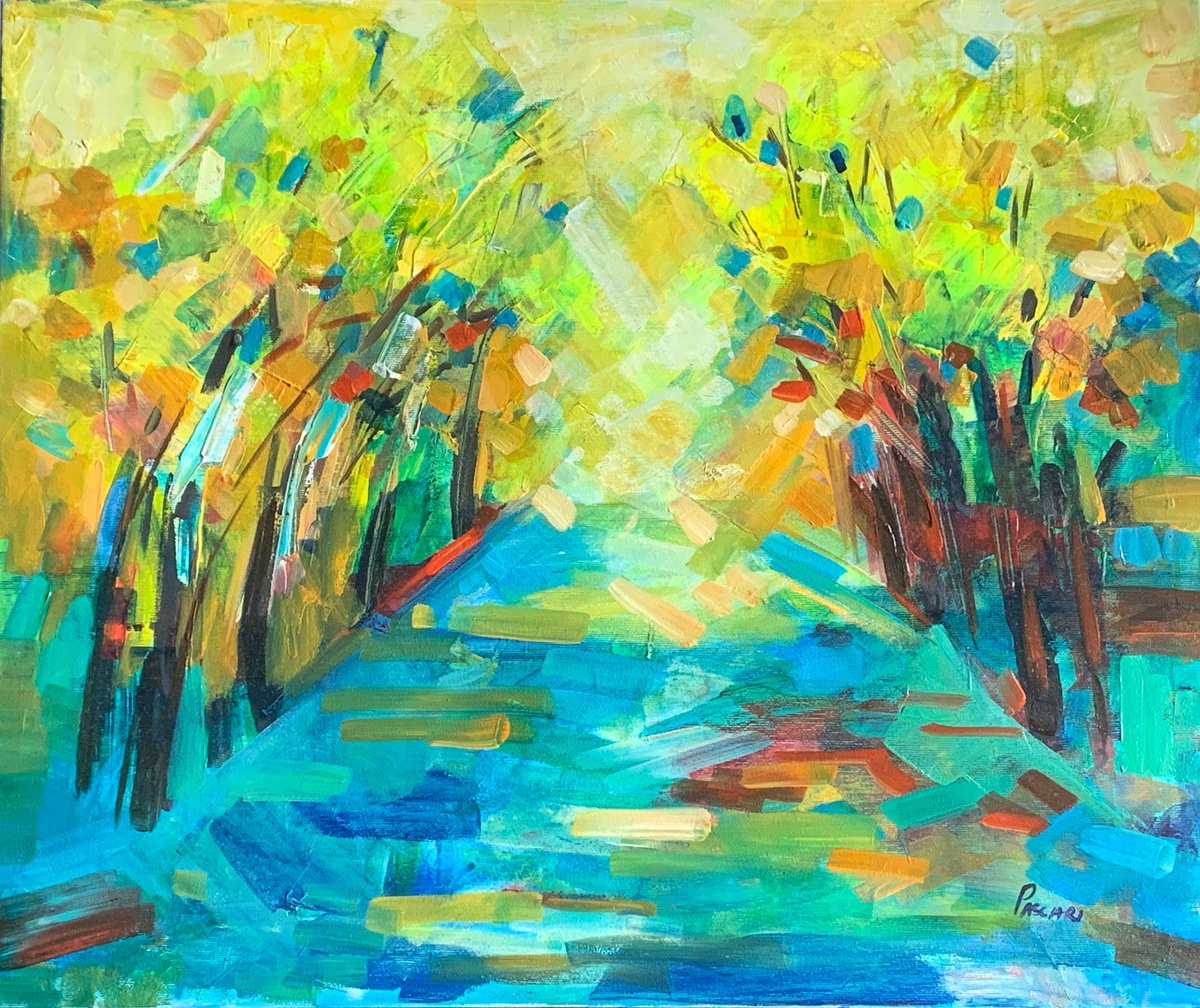 Impressionistic Landscape Oil Painting By Olga Pascari, 24 X 20", Alley- Botanical Garden, Original Artwork