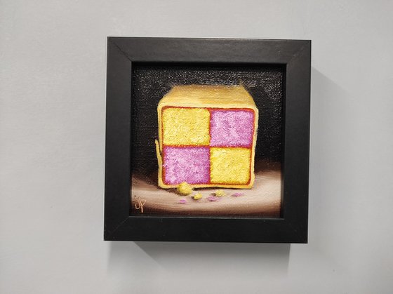 Little Battenberg cake slice still life