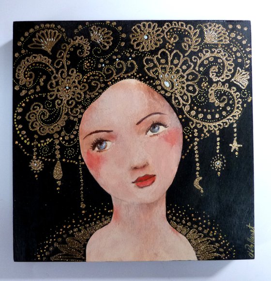 Ode to the night: woman icon on wooden panel 20 x 20 cm.